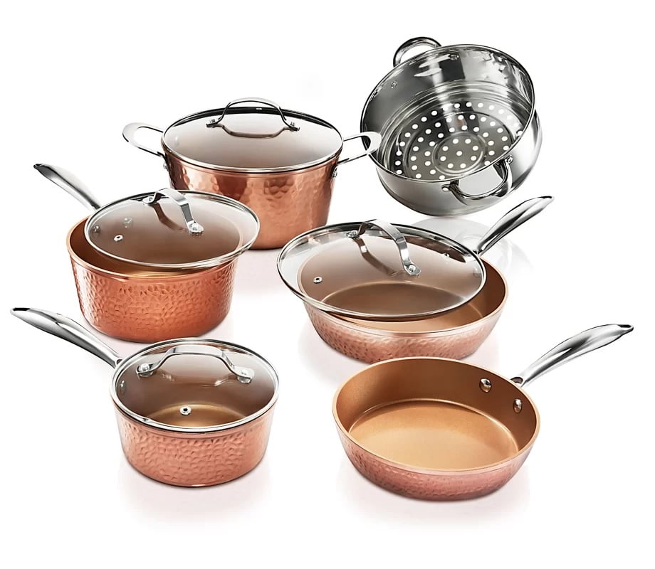Gotham Steel Hammered Collection Pots and Pans Set, 10 Piece Premium Cookware Set with Nonstick Coating, Dishwasher and Oven Safe, Copper