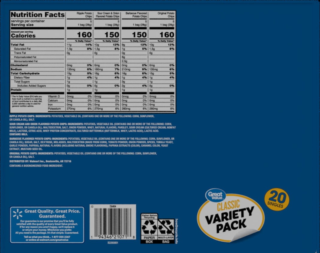 Great Value Classic Mix Variety Pack,1 oz, 20 Count