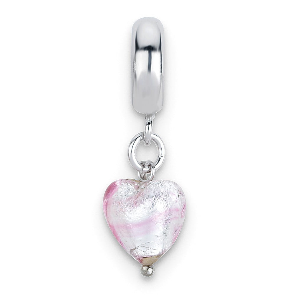 Sterling Silver Jewelry Dangle Beads 9.09 mm 27.27 mm Reflections Pink Heart Italian Murano Dangle Bead