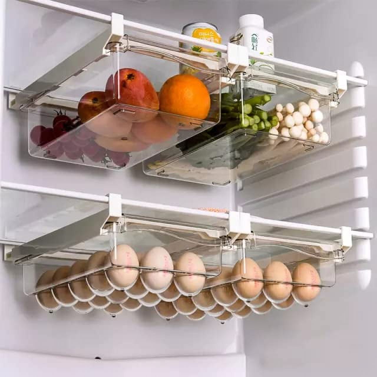 Transparent Pull Out PET Plastic Clear Refrigerator Fridge Drawer Storage Organizer Bin, Set Of Two - Clear And Egg Layout.