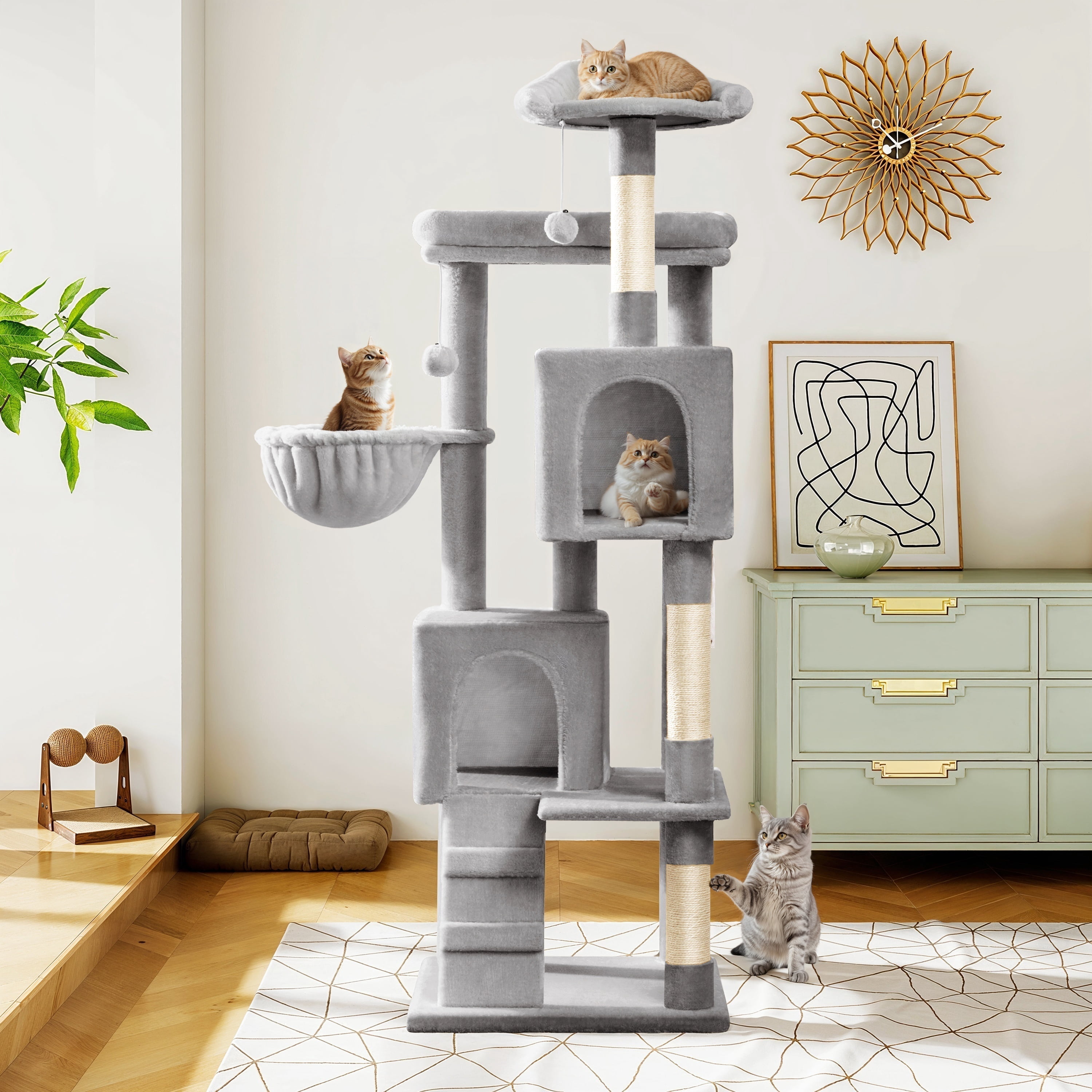 Amolife 64" Large Cat Tree and Tower with Stair, Condo House & Scratching Posts for Indoor Cats, Gray