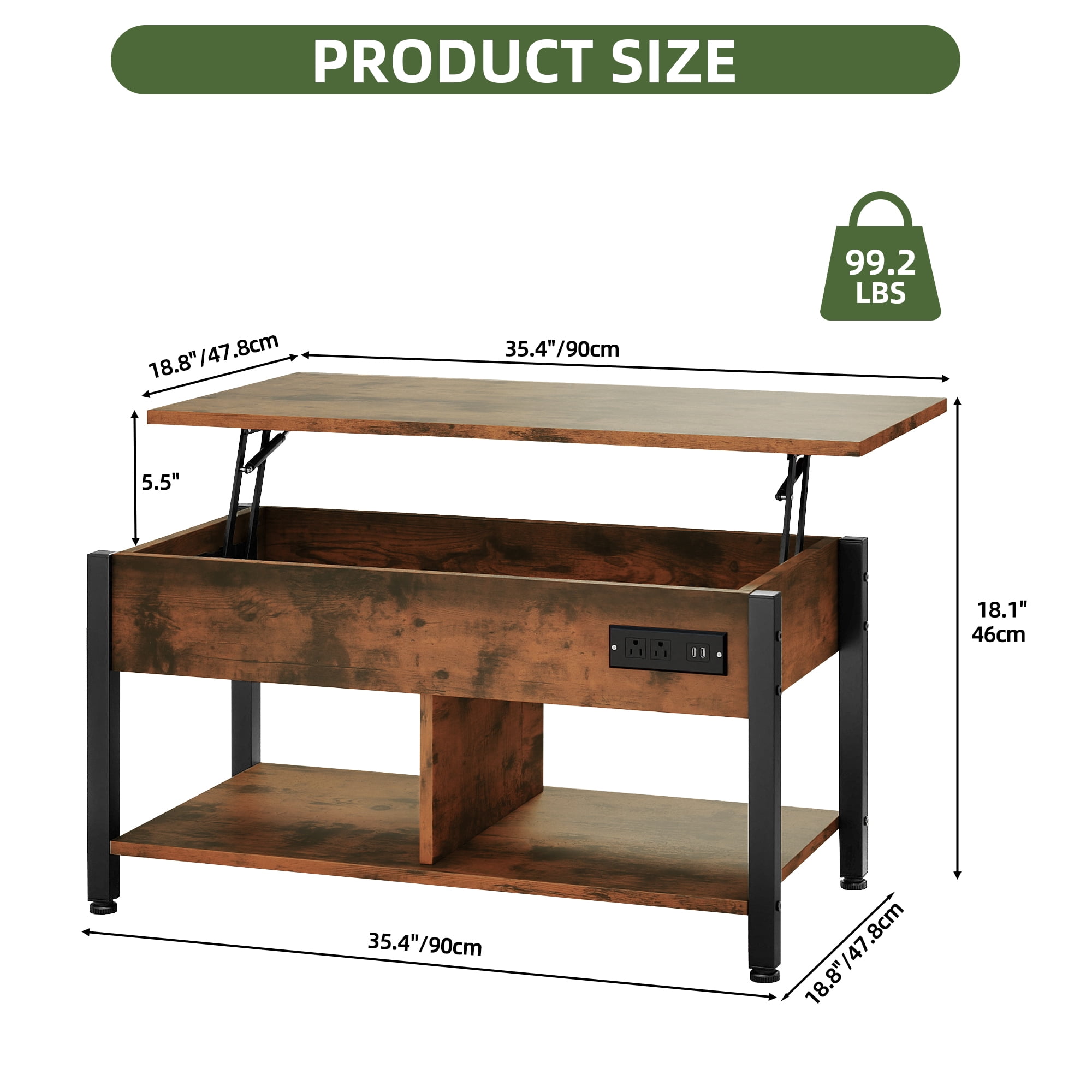 Uforic 3-in-1 Lift-Top Coffee Table with Storage, LED Lights & Power Hub for Living Room/Home Office, Brown