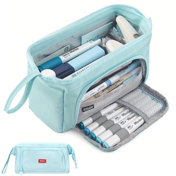 Rirool Large Capacity Pencil Case, Wide Opening Pencil Pouch with Clear Window, Zipper Pen Bag for School Supplies, Teen Girls Boys, Blue