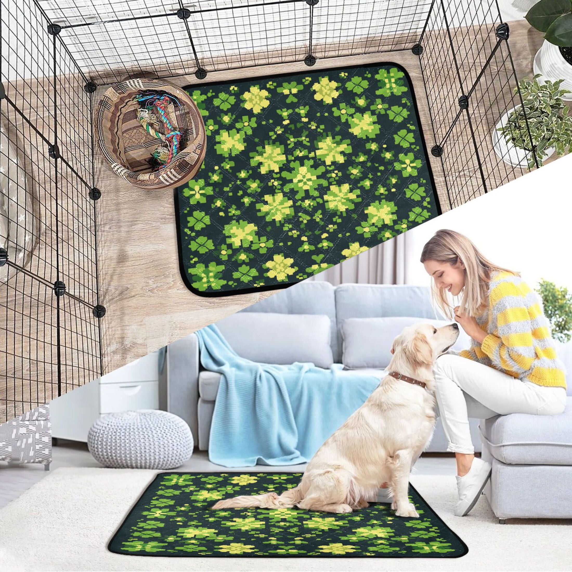 Qxltty St Patricks Vintage Clover Cat litter Pads Pet Set of 2 Diaper Mats Center Anti-leakage Layer Absorbent Soft and Comfortable