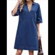 thumbnail image 1 of Vestido Camisero Vaquero para Mujer, de Verano, con Cuello en V, Minivestido Informal con Bolsillos. Azul Oscuro L, 1 of 9