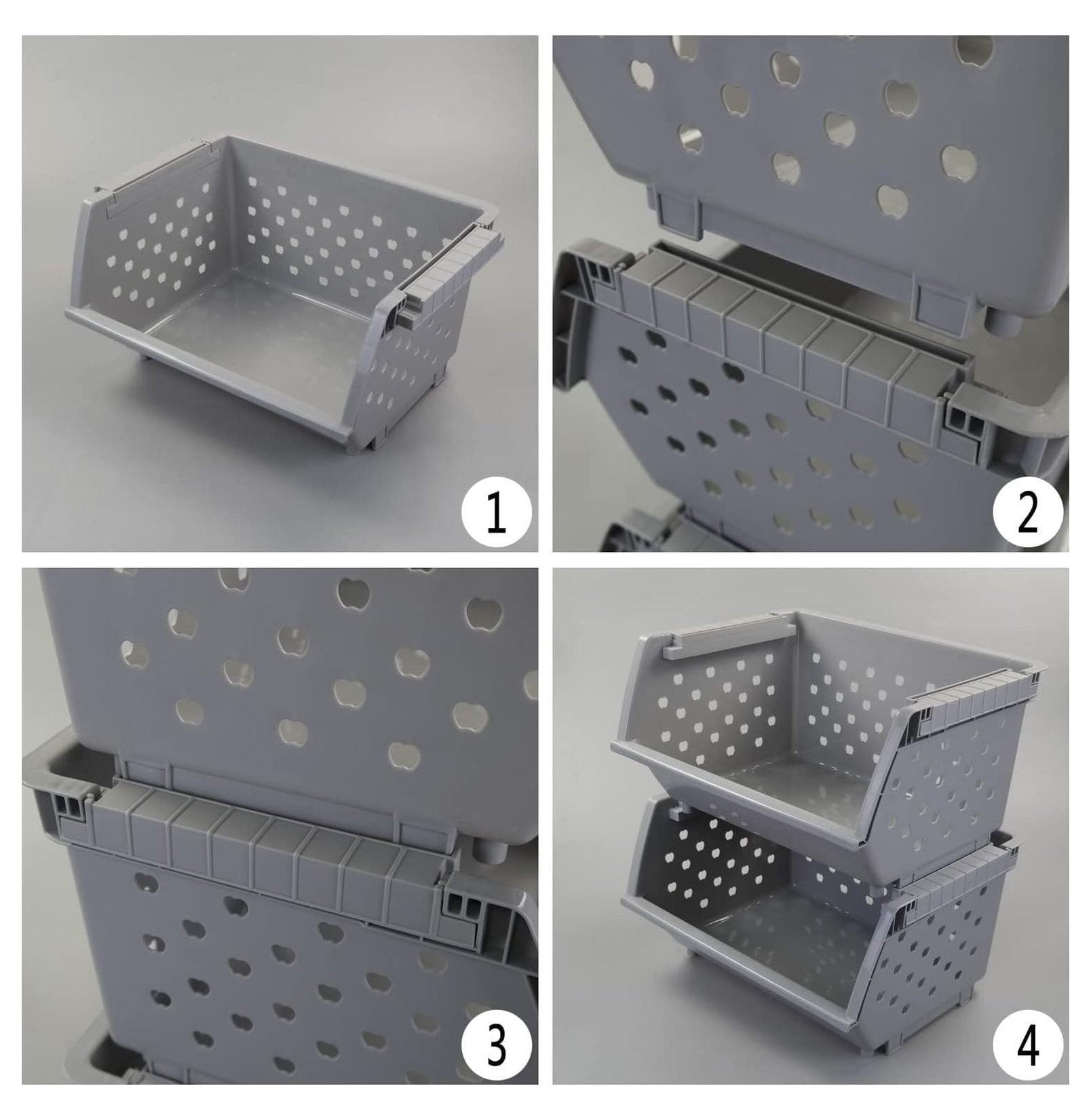 3-Pack Plastic Stackable Storage Baskets, Stacking Organizer Bins, Grey