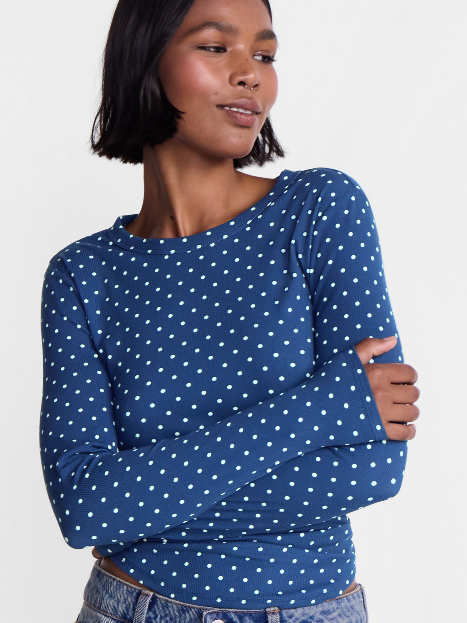 No Boundaries Ribbed Crewneck Tee with Long Sleeves, Women's and Women's Plus XXS-4X