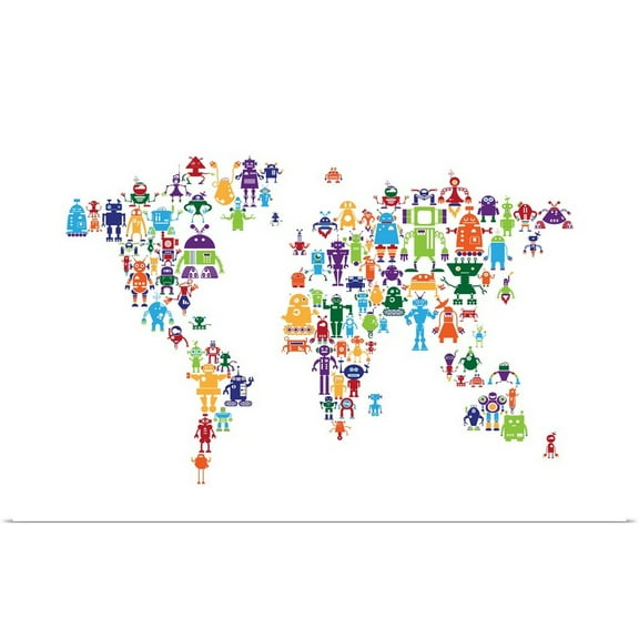 Great BIG Canvas | Rolled Michael Tompsett Poster Print entitled Robot Map of the World Map
