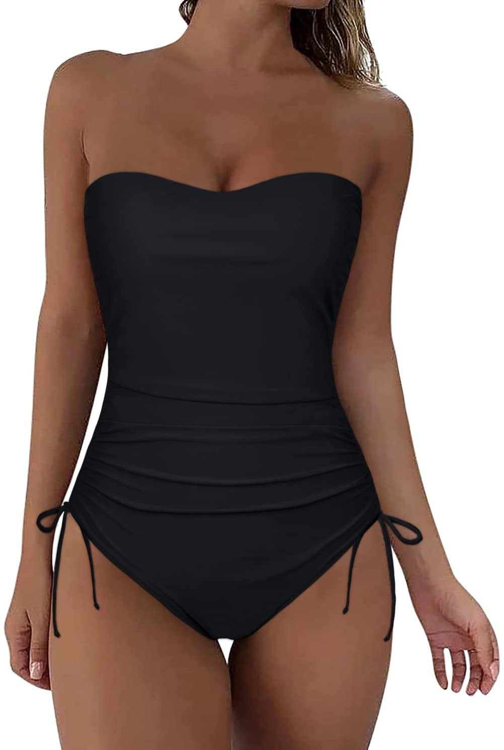 black strapless ruched swimsuit