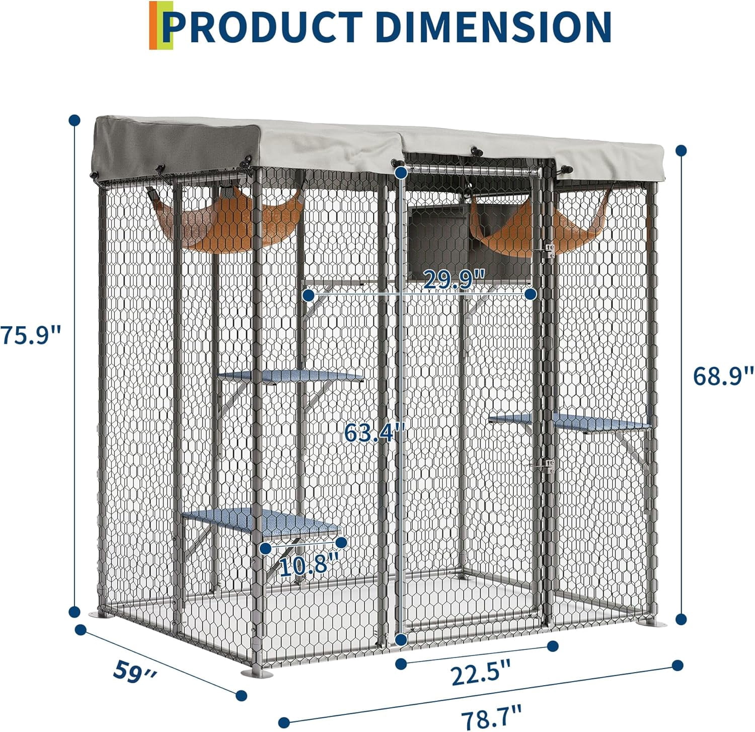 QinaQin Large Catio Outdoor Cat Enclosure,Extra Large Walk-in Cat Patio for Multiple Cats, Outdoor Catio with Waterproof Cover, Hammock, Resting Box and 4 Platforms,Light Grey