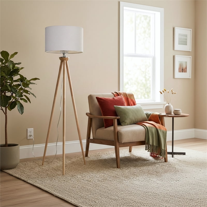 Lara Tripod Floor Lamp with Natural Wood Base and Beige Linen Shade