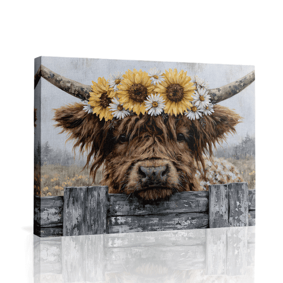 Topbout Art Highland Cow Sunflower Country Rustic Canvas Wall Art Gallery Wrapped for Bedroom 12*8 inch