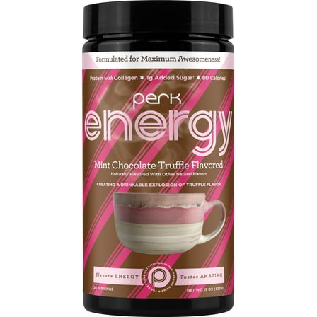 Perk Energy Original Mint Chocolate Truffle Flavored Drink Powder (20 Servings) - Gluten-Free, Peanut-Free