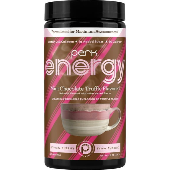 Perk Energy Original Mint Chocolate Truffle Flavored Drink Powder (20 Servings) - Gluten-Free, Peanut-Free