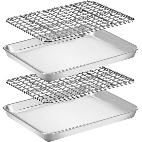 9 Inch Baking Pan & Cooling Rack Set of 4, Stainless Steel Small Toaster Oven Tray Pans with Grid Racks for Cookies/ Meats/ Bacon, Non-toxic & Heavy Duty, Rust-free & Dishwasher Safe
