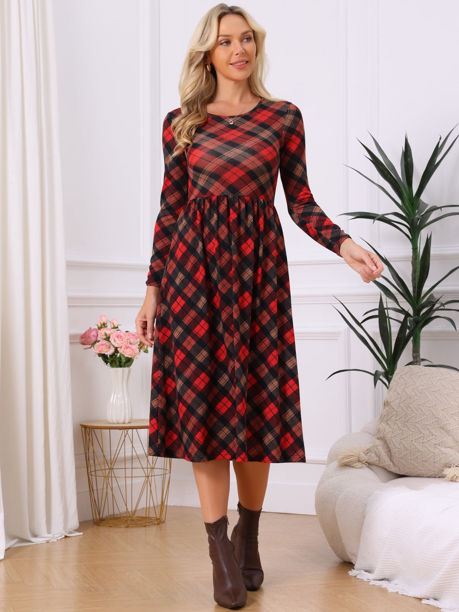 DARING DIVA Women's Plaid Long Sleeve Crew Neck A Line Midi Dress S Red