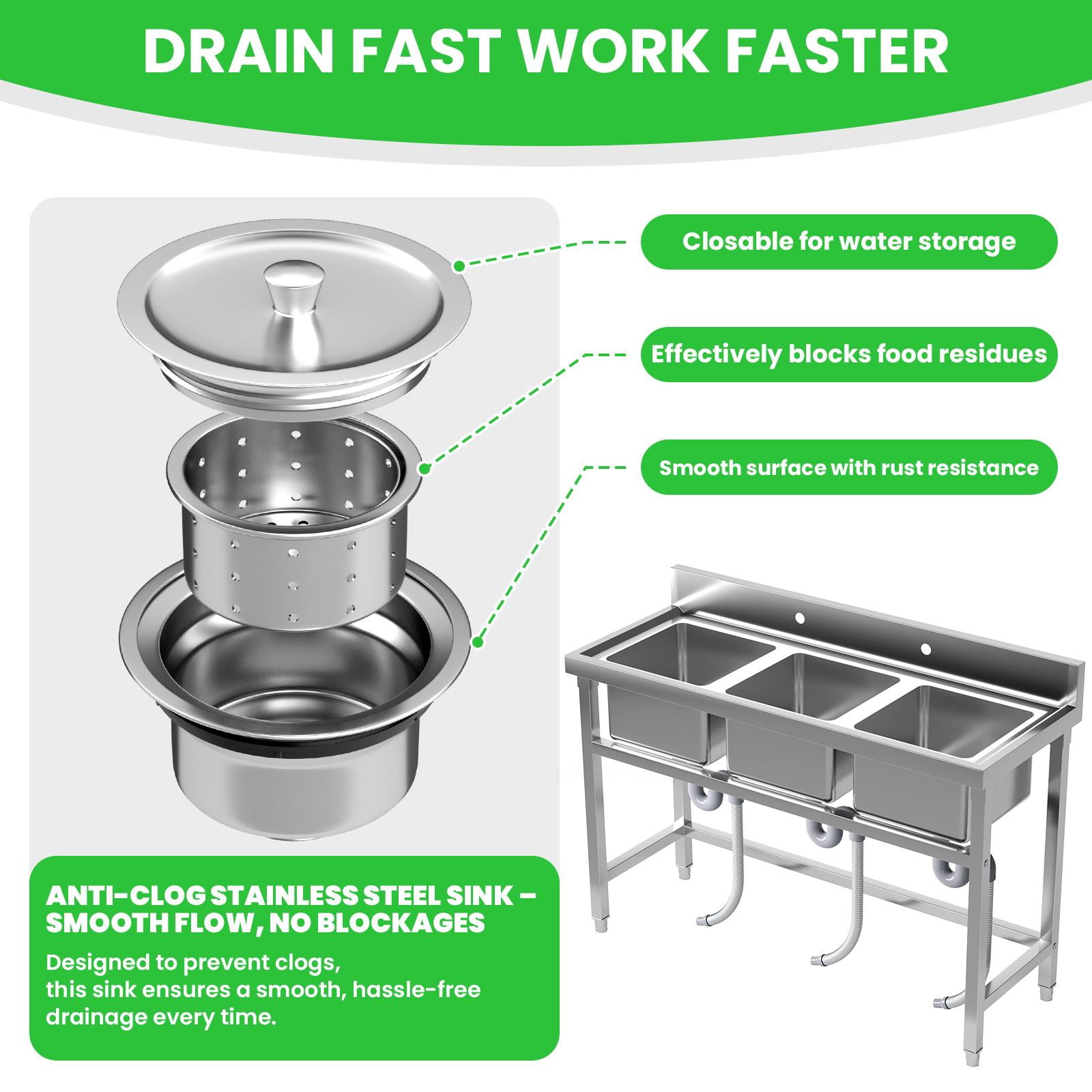 Heavy Duty 3-Compartment Kitchen Sink Stainless Steel Commercial Utility Sink Free Standing Outdoor Sink Large Capacity Wash Sink 51" x 31.5" x 19.7" for Catering, Kitchen, Garage