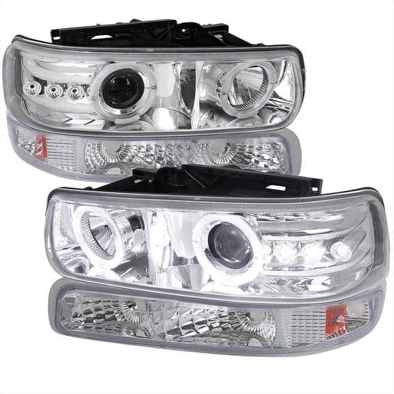 Dual Halo Projector Headlights w/ Bumper Lights (Chrome Housing/Clear Lens) Made for and Compatible with 1999-2002 Chevrolet Silverado/ 2000-2006 Tahoe Suburban