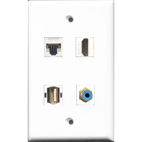 RiteAV 1 Port HDMI and 1 Port RCA Blue and 1 Port USB A-A and 1 Port Cat5e Ethernet White Wall Plate
