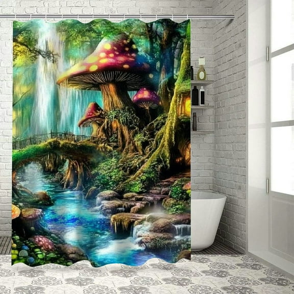 BCIIG Mushroom House Bathroom Decor Set with Hooks, Colorful Luxurious Graphic Print Polyester Fabric Shower Curtain Set, Chic Modern Design 36"x72
