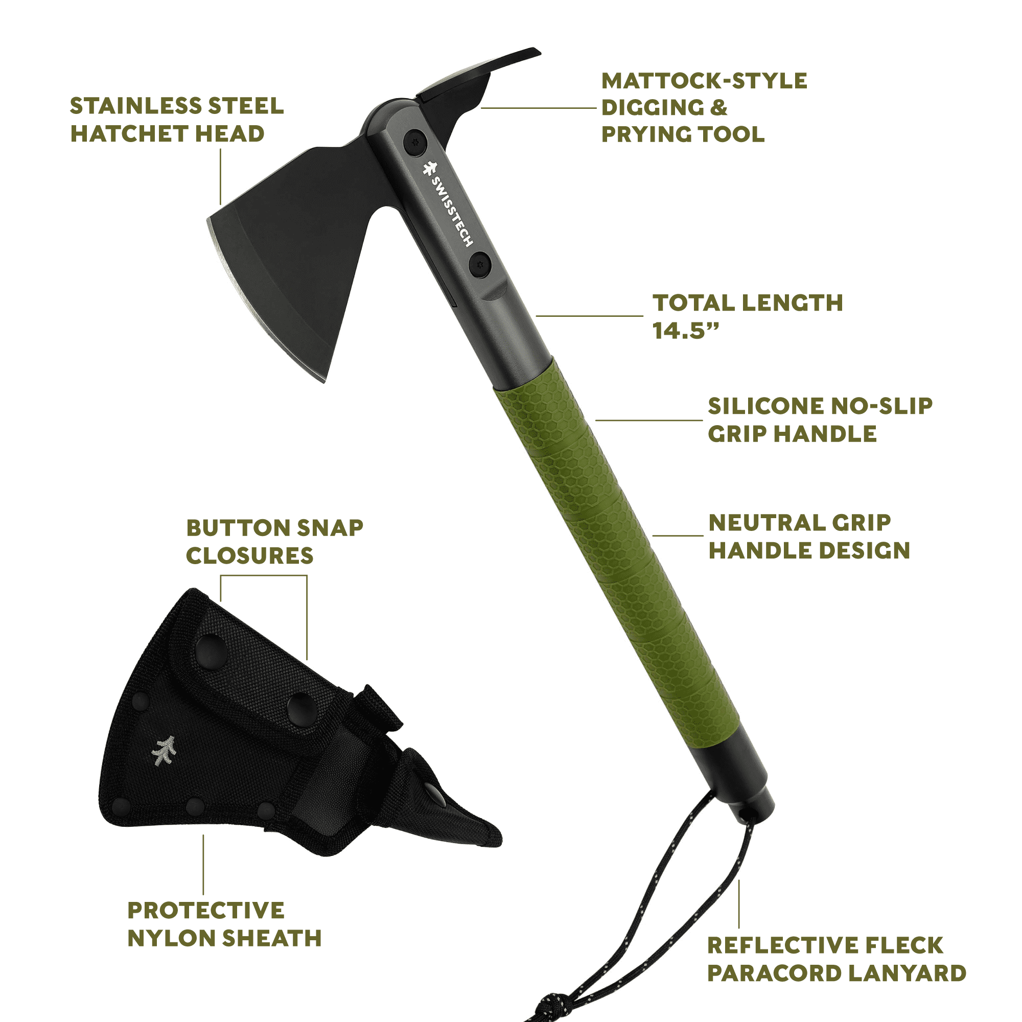 Swiss Tech Beilwerk Camping Hatchet, Stainless Steel Head, Aluminum Body, Pry Tool, Sheath Included