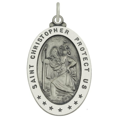 Child Medal Pendant - 1.0in 0.925 Sterling Silver St Saint Christopher Medal Oval Pendant