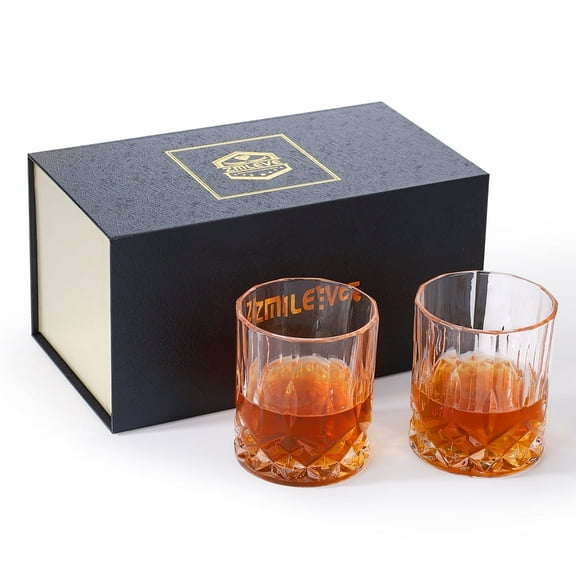 Zmleve Old Fashioned Whiskey Glasses with Deluxe Box - 10 oz. Rocks Drinkware for Scotch, Bourbon, Liquors and Cocktails - Set of 2 - Gifts for Men