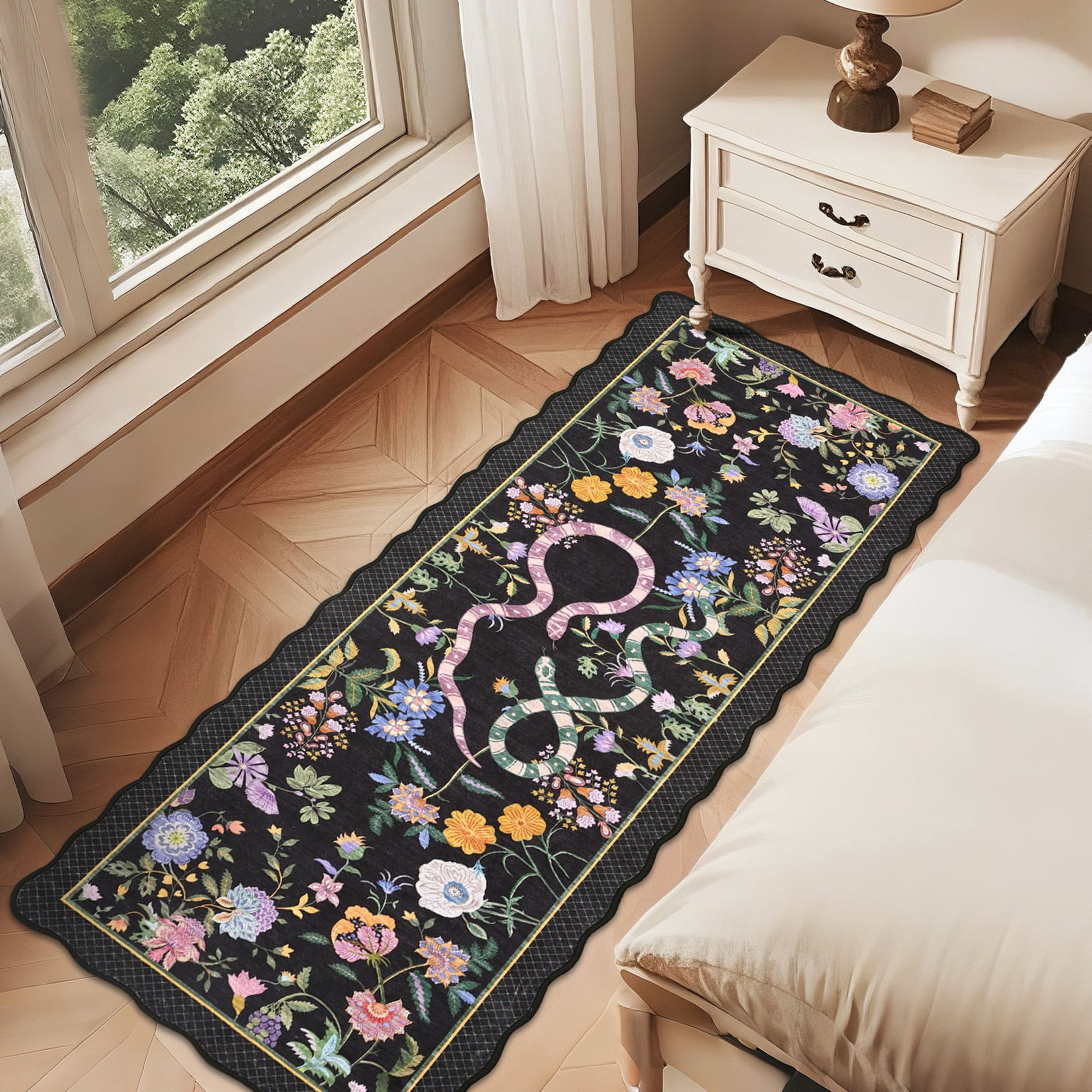 HOMERRY Scalloped Snake Animal Floral Print Runner 2' x 6' for Hallway Modern Washable Throw Rugs for Kitchen Indoor Carpet, Black