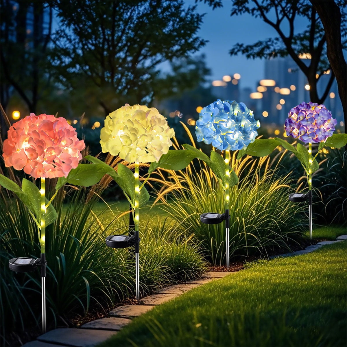 Rirool 4 Pack Solar Garden Lights Outdoor, Dual Mode Solar Hydrangea Flower Lights with 600mAh Battery, IP65 Waterproof, Warm White LED for Yard Pathway Lawn Patio Decoration