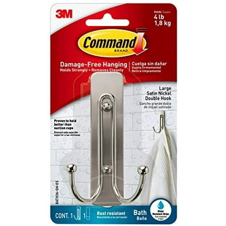 Large Double Bath Hook, Satin Nickel, 1-Hook, 1-Water-Resistant Strip, Organize Damage-Free