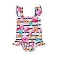 thumbnail image 1 of Gureui Kids Baby Girls One-Piece Swimsuit, Stripe Donut Print Ruffle Trim Fly Sleeve Backless Baby Bodysuit Swimwear, 1 of 9