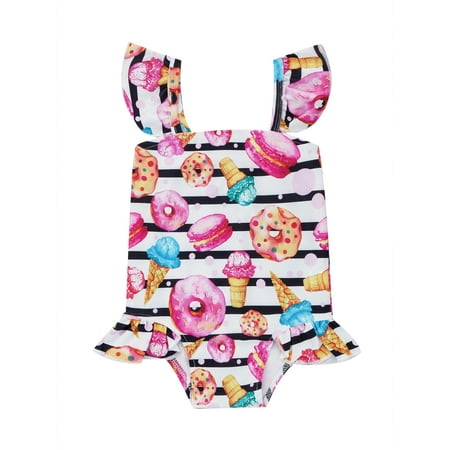

Musuos Baby Girls One-Piece Swimsuit Stripe Donut Print Ruffle Trim Swimwear