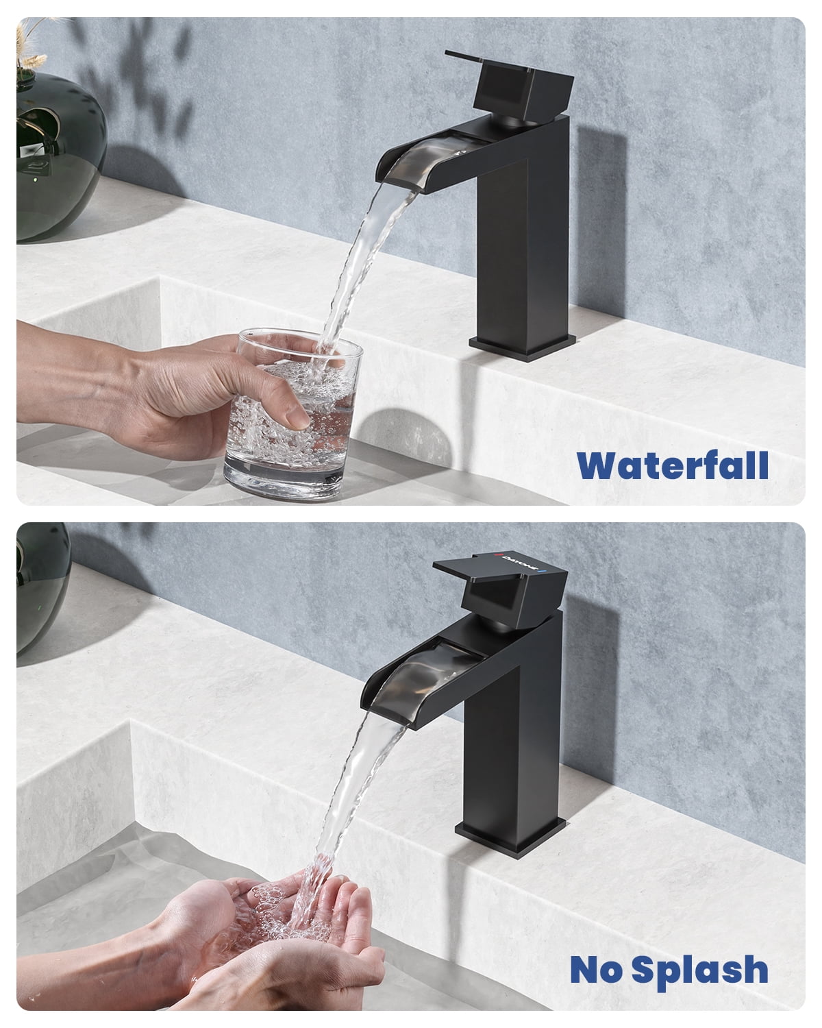 DAYONE Matte Black Single Handle Bathroom Sink Faucet, 1 Hole Waterfall Bathroom Faucets with Pop Up Drain, Single Hole Mixer Tap Includes Optional 6-inch Squre Deckplate Stainless Steel