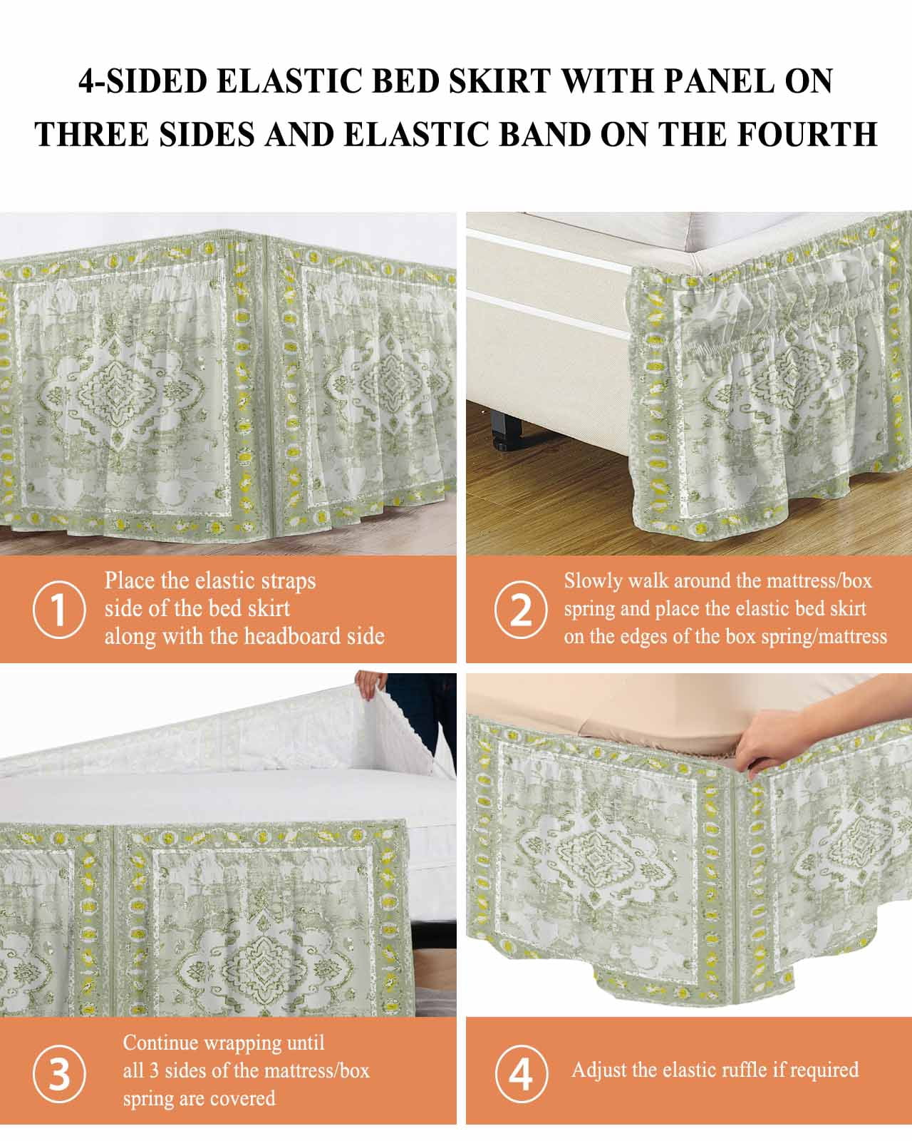 Sage Green Wrap Around Bed Skirts for Queen Bed 16" Drop,Bed Skirt with Adjustable Elastic Belt Dust Ruffle Bed Valance for Bedroom Hotel Boho Retro Decorative Abstract Floral Ethnic Bed Frame Cover