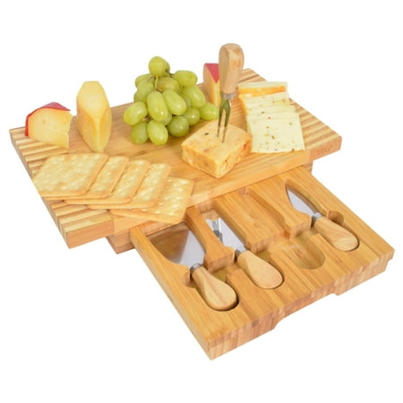 Cheese Servers Vina Bamboo Cheese Board Set - Cheese Cutting Board Server with 4 Piece Slicer Knife, Slide Out Storage Drawer, Portable Square Cheese Cutlery Serving Tray ()
