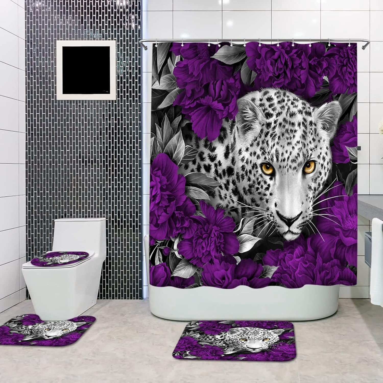 Purple Shower Curtain Set Leopard Shower Curtain Purple Bathroom Sets with Shower Curtain and Rugs, Set of 4 Piece (Purple)