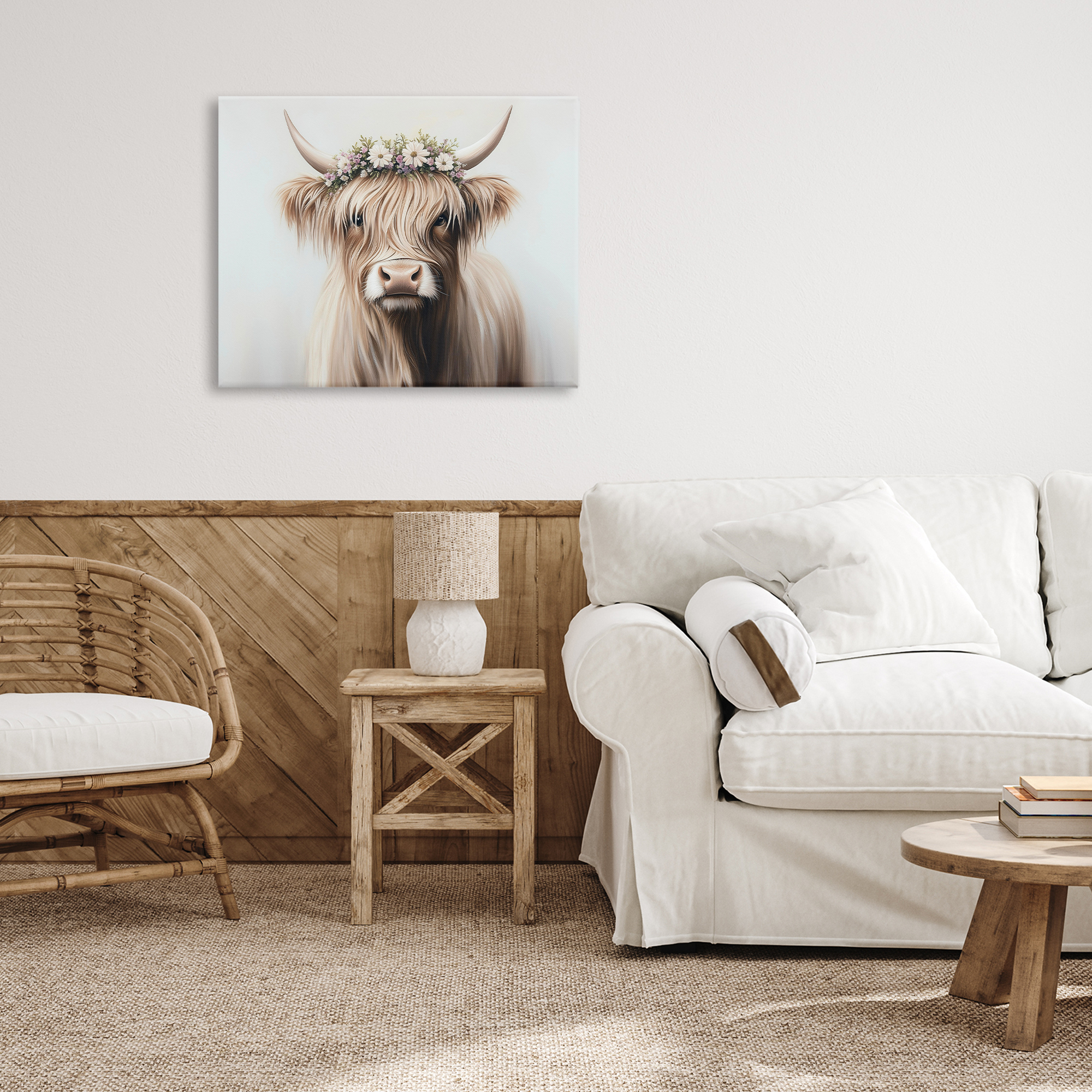 Shaggy Cattle Floral Crown Canvas Wall Art, design by Shawna Stewart