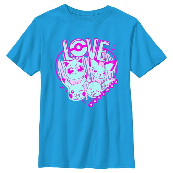 Boy's Pokemon Love Heart Neon  Graphic Tee Turquoise X Large