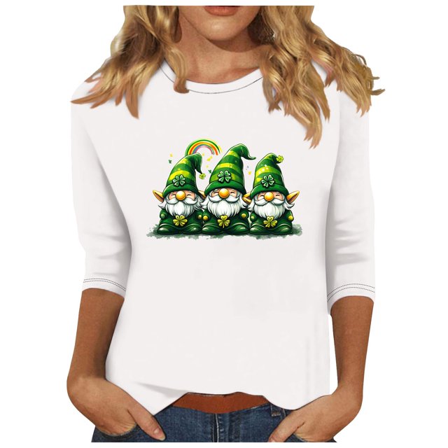 Hauts pour Femmes Mode Imprimé St. Patrick Décontracté Col Rond Manches 7 Pouces Blouses pour Femmes Blanc G
