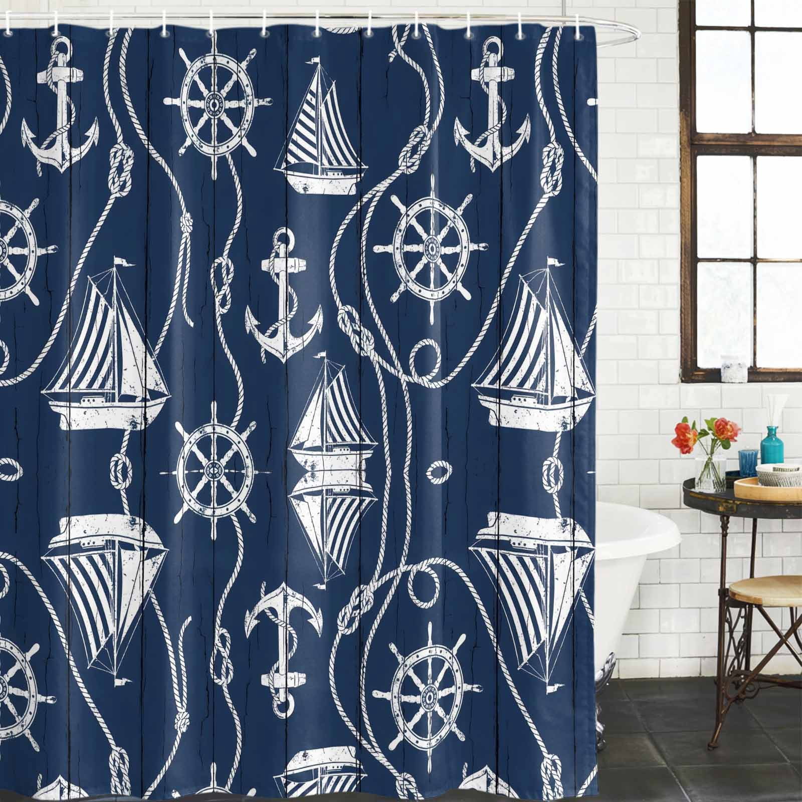 Shower Curtain Bathroom Set Coastal Sailboat Compass Anchor Waterproof Fabric Shower Curtains with Grommets&Hooks, Nautical Theme Navy Blue Wood Privacy Bath Curtain for Bathtub 72x72in