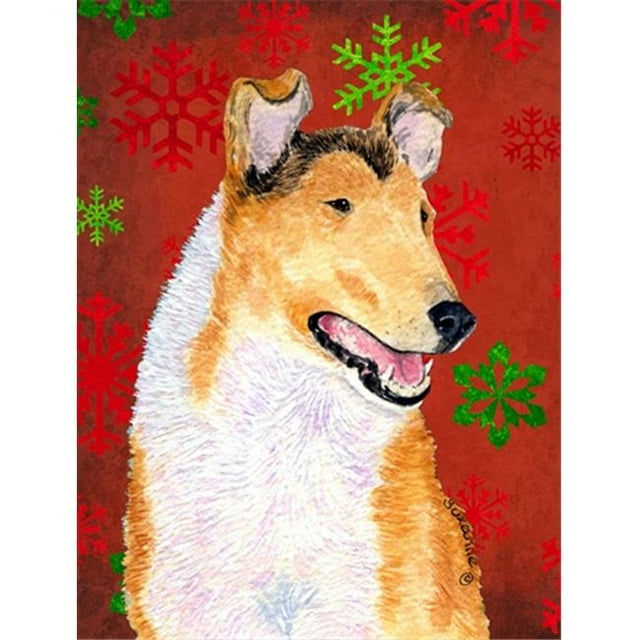 Carolines Treasures SS4677CHF 28 x 40 Po. Collie Flocons de Neige Rouges et Verts Lisses Drapeau de Noël en Toile Taille Maison