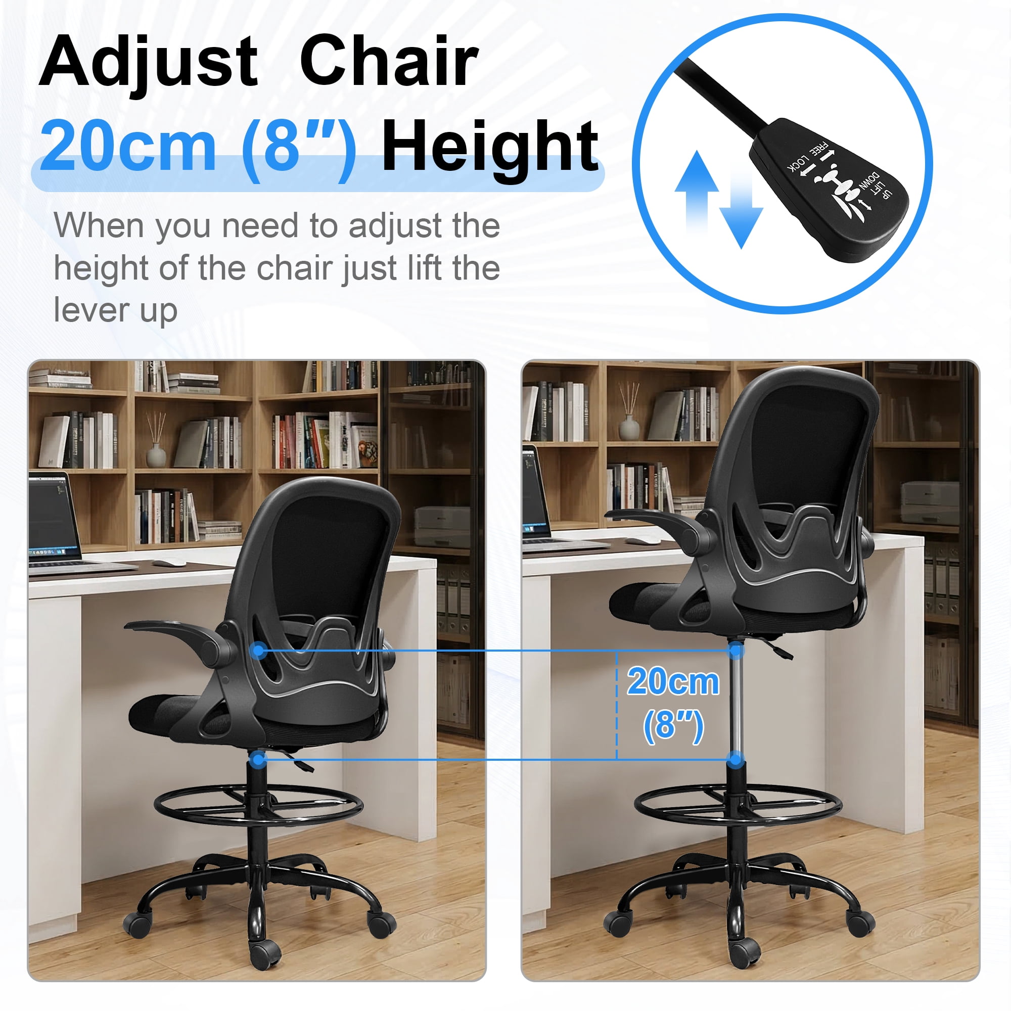STACOO Ergonomic Office Chair, Drafting Chair with Flip-up Armrests, Executive Computer Standing Desk Chair with Lumbar Support and Adjustable Footrest Ring, Black