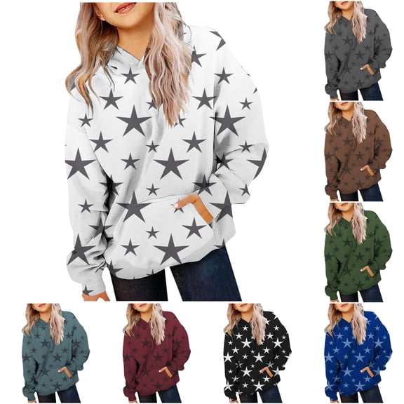 Oiyii Toddler Girls Star Allover Print Hoodie Long Sleeve Printed Casual Hooded Sweatshirt Oversize Pullover Top,White