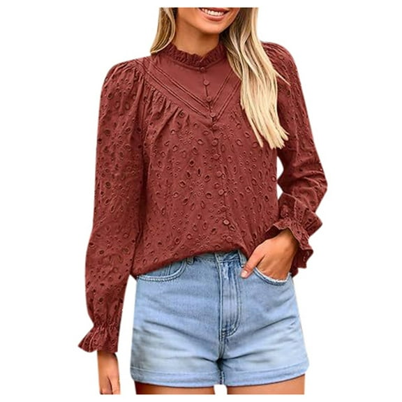 Vetement Femme ete 2025 Women's Autumn Top Fashion Trumpet Long Sleeved Casual V Neck Button Hollow Lace Embroidery Shirt Athletic Wear Women Athletic Women Layering Long Sleeve Sleeves Shirt XL