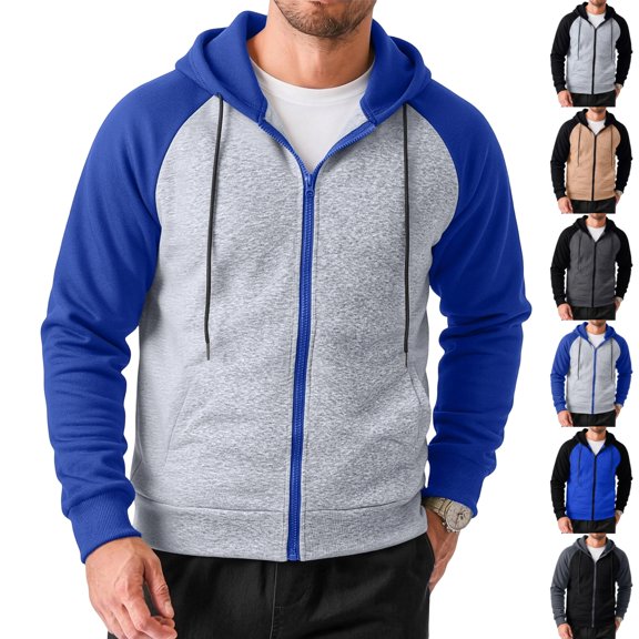 GrmtClth Men's Zip Up Hoodie Color Block Long Sleeve Leisure Sweatshirt with Pocket Blue 2XL