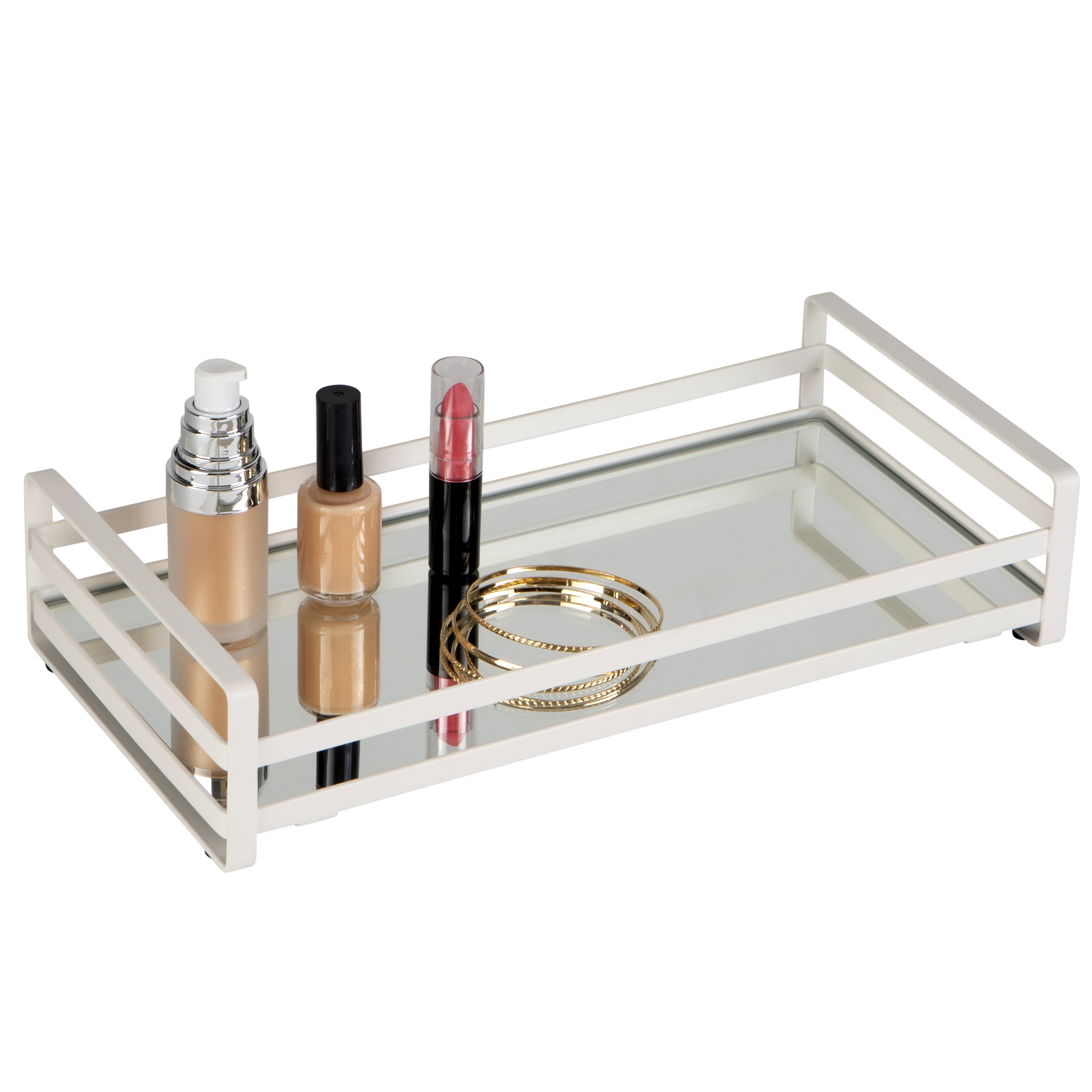 Home Details Slim Flat Wired Iron Rails Vanity Tray Makeup Organizer in White