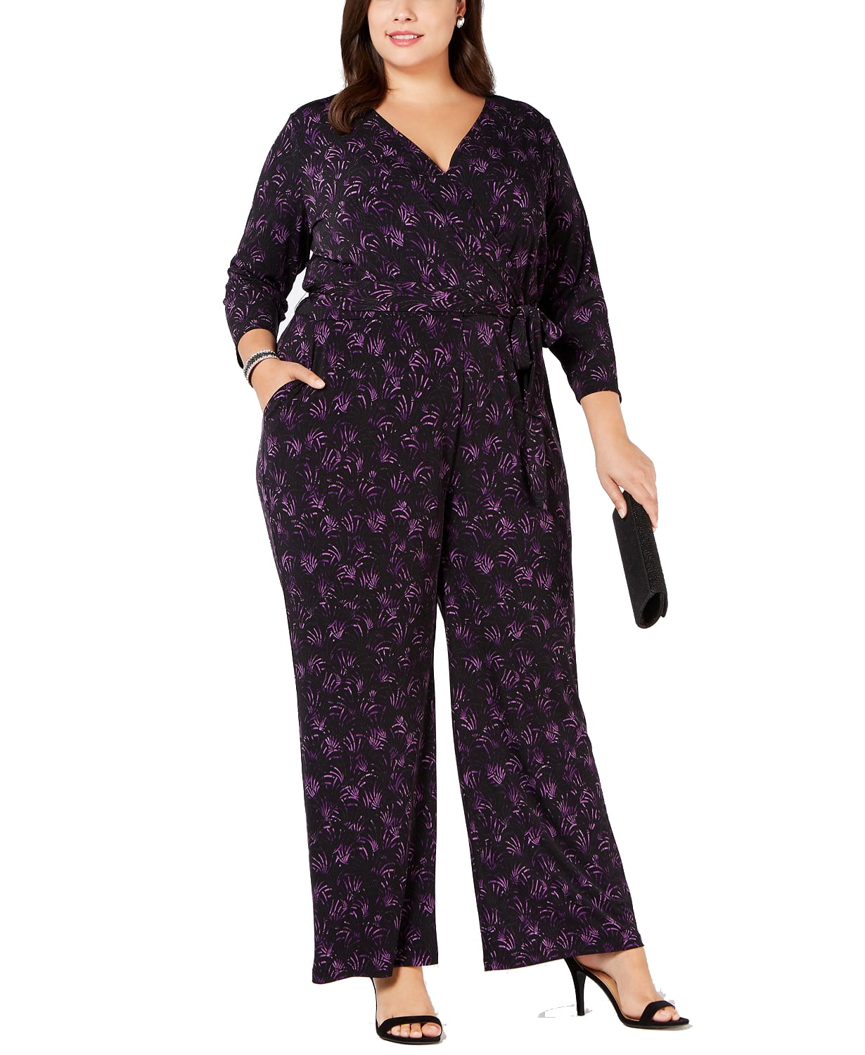 Alfani Size Women's Belted Printed Jumpsuit (Black/Purple, 0X) Walmart.com