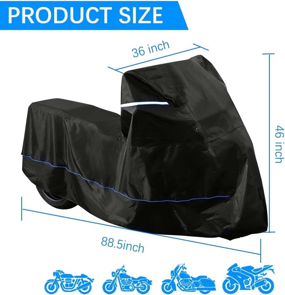 Motorcycle Cover 88.6”L, 420D Oxford Waterproof with High-Temp Resistant Bottom (550°C/1054°F), Heavy Duty Motorcycle Cover for Sport Cruiser Dirt Bike Scooter