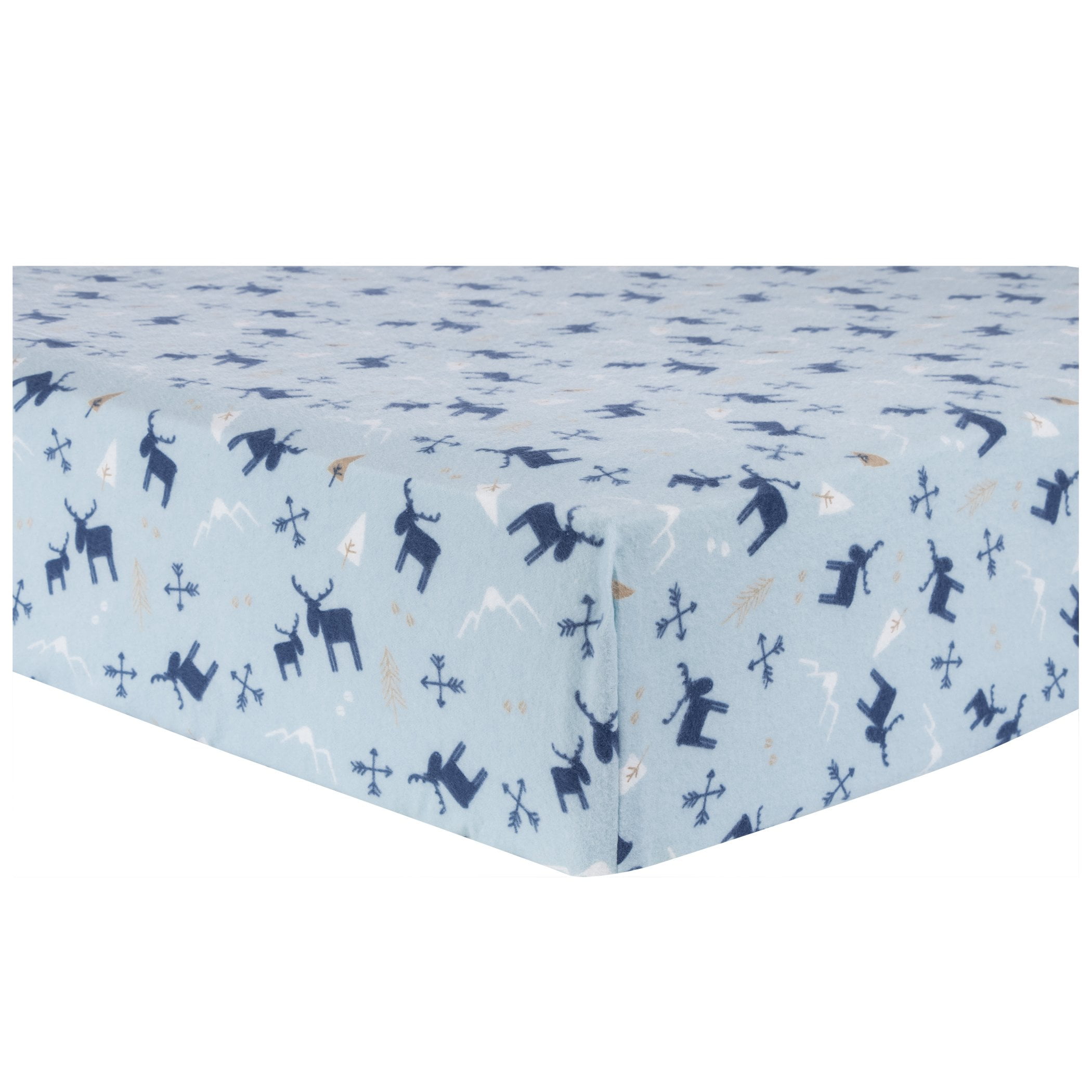 Trend Lab Big Sky Moose Deluxe 100% Cotton Flannel Fitted Crib Sheet. Blue, Navy, Taupe and White Sheet is Fully Elasticized With 10 Inch Deep Pockets and Fits Standard Crib Mattress
