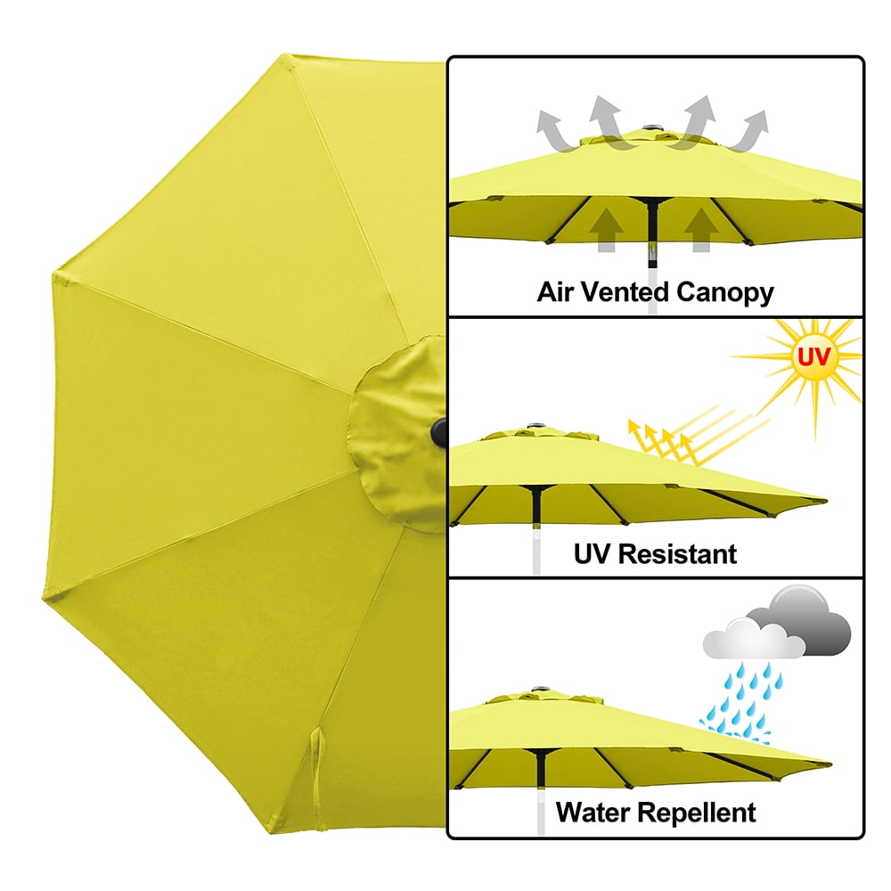 Kool Outdoor 9ft Patio Umbrella with Crank Handle and Push Button Tilt, Outdoor Market Umbrella with 8 Ribs - Yellow